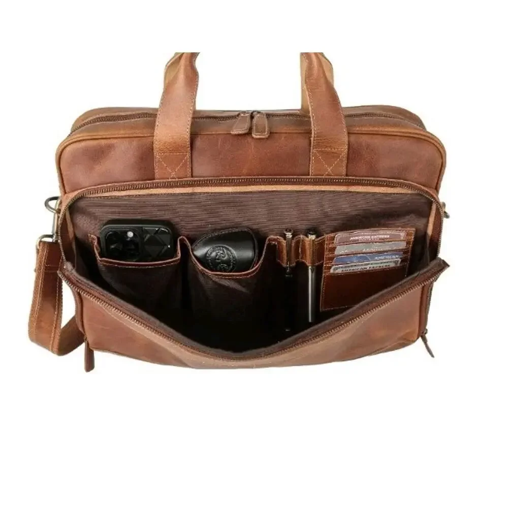 KomalC Vintage 18” Buffalo Leather Laptop Briefcase Office Bag Brown Brand New